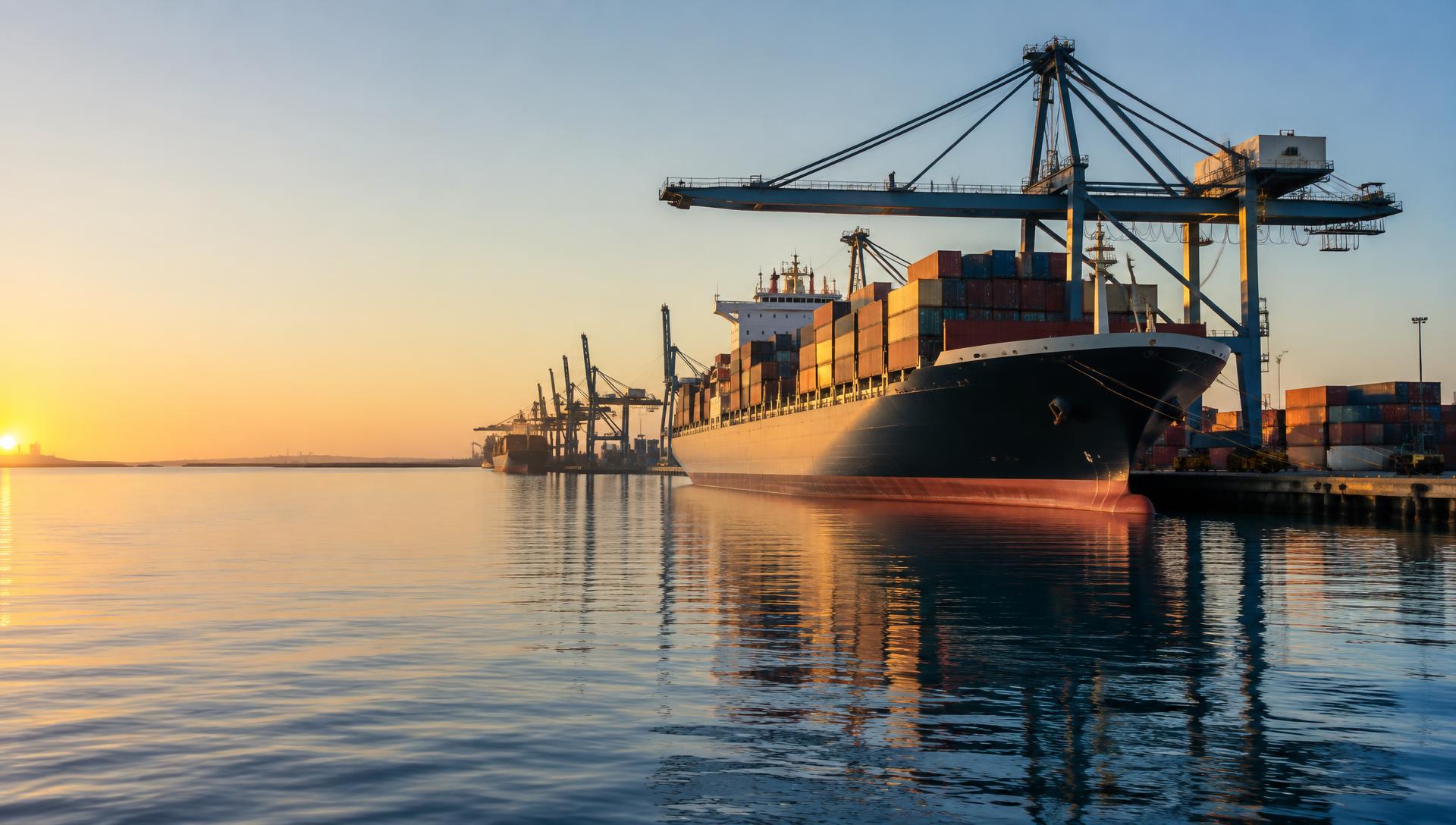 Container vessel alongside a commercial port at sunrise